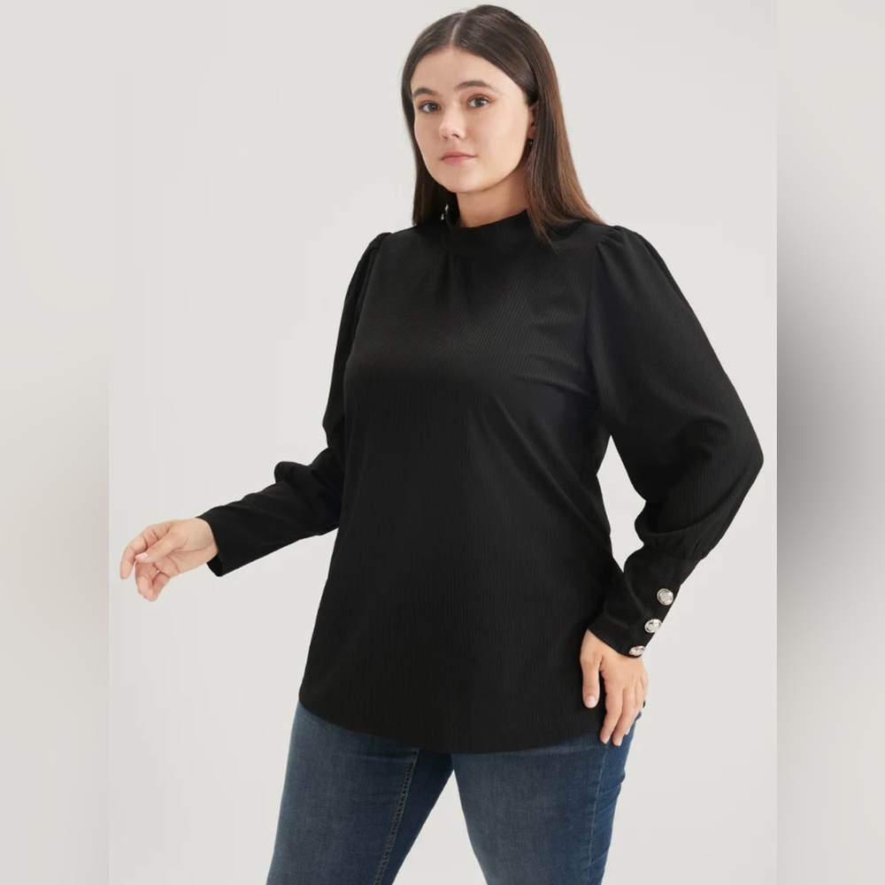 Solid Mock Neck Rib Knit Long Sleeve Tee